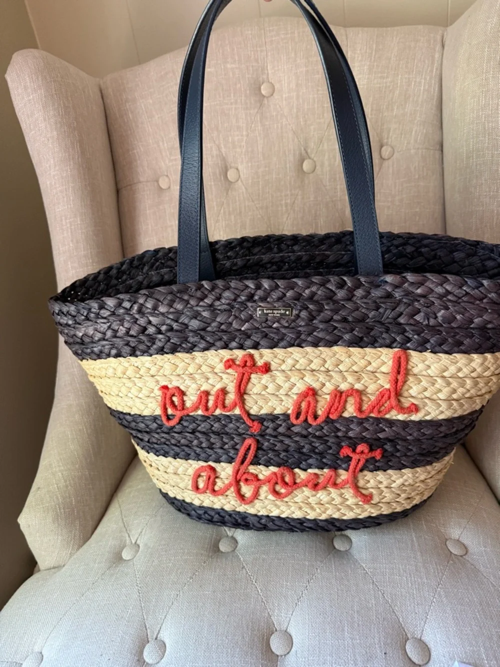 Kate Spade Shore Thing Out and About Straw Tote Beach Bag Striped
